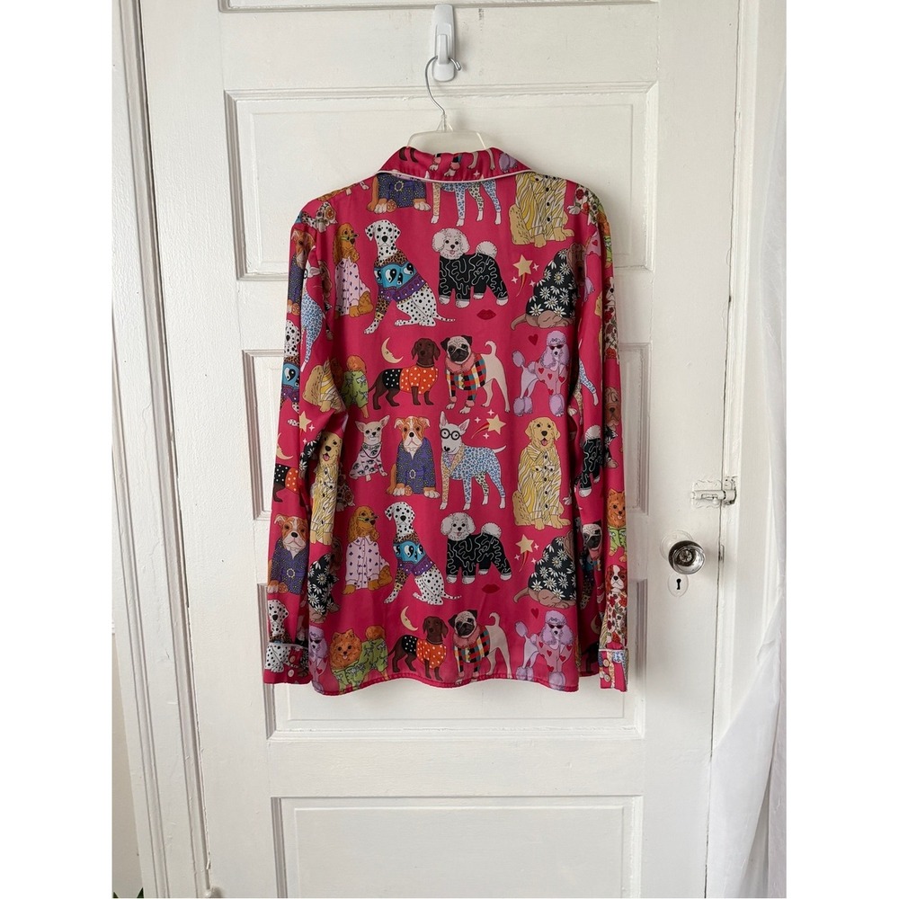 Karen Mabon Pink Dog Print Satin Long Sleeve Pajama Top Button Front XL - Picture 15 of 16